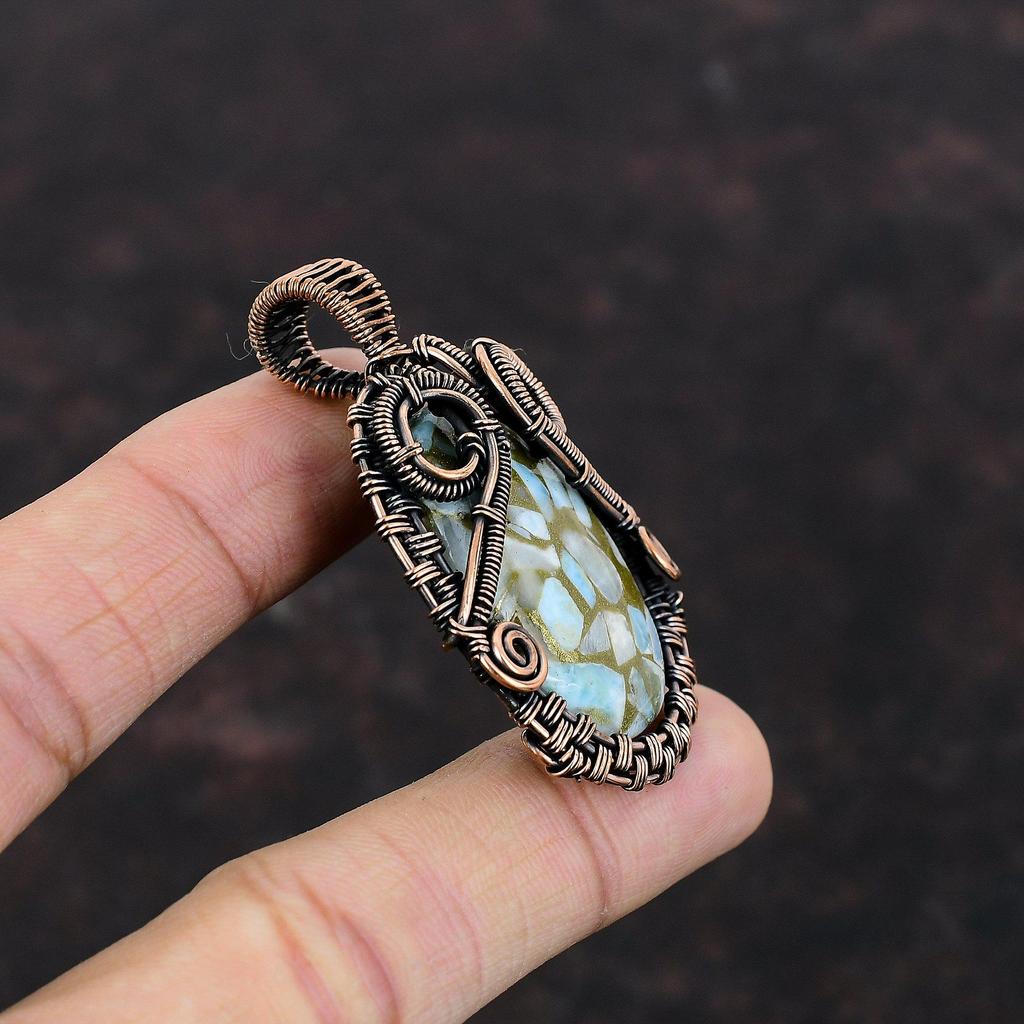 Медный кулон Ларимар, кулон из медной проволоки, медные украшения ручной работы, стильный кулон, ювелирные изделия из проволочной обертки, кулон с драгоценным камнем, подарок для него