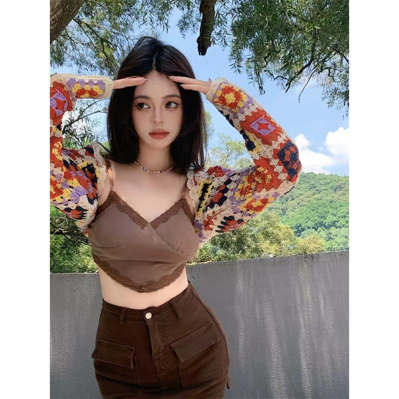 Винтажный красочный ажурный вязаный кардиган с длинными рукавами, женский осенний кардиган, короткие шикарные топы