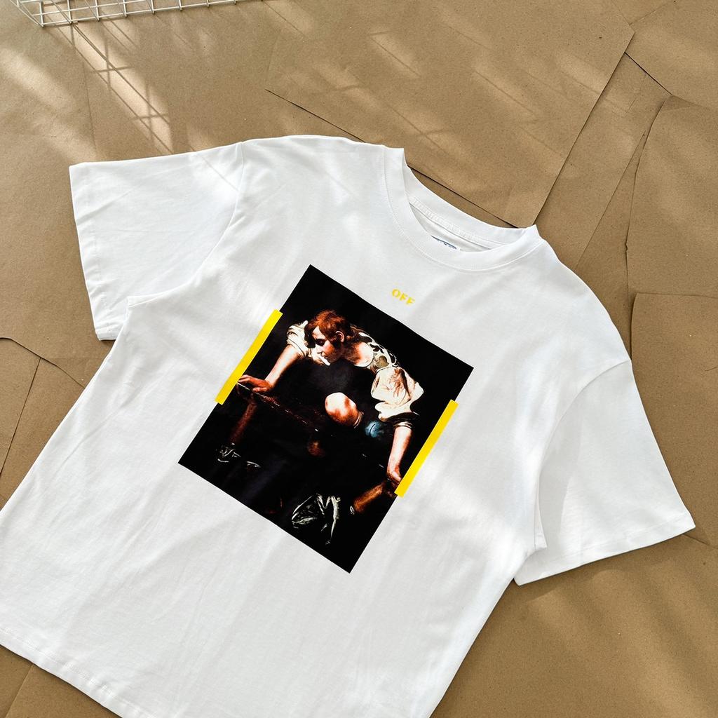 Off-White Летняя новинка 2025 года, картина маслом спереди, принт желтой стрелы сзади, футболка с короткими рукавами для мужчин и женщин, парная футболка