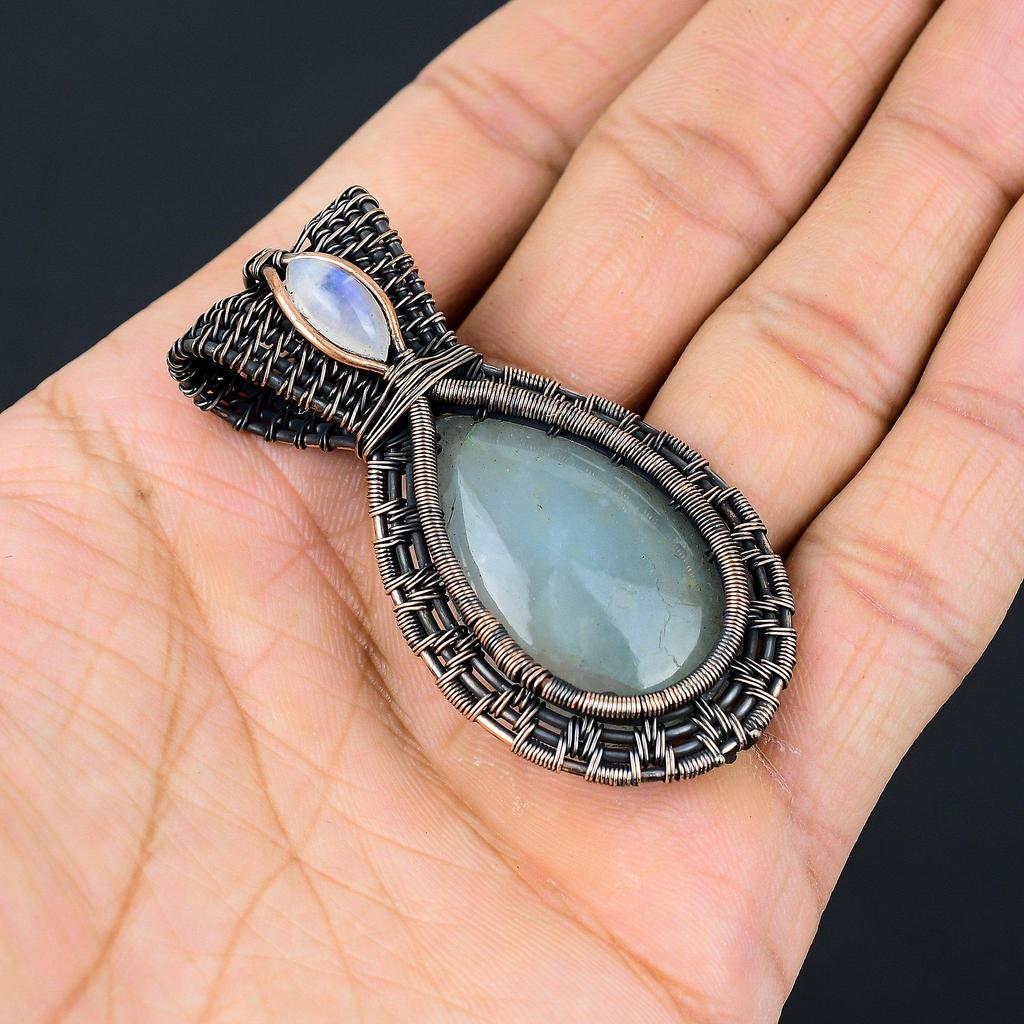 Aquamarine 999 Copper Wire Wrapped Pendant, Handmade Gemstone Pendant Jewelry, Gifts For Wife Brand New Pendant
