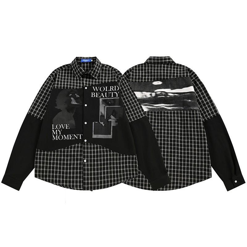 Mens Long Sleeve Shirt Plaid Patchwork Streetwear Loose Fit Casual Top
