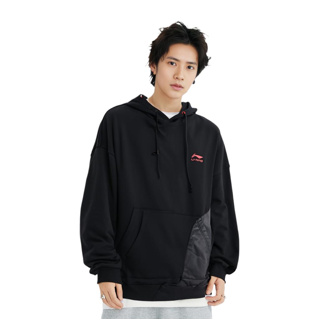Li Ning Wade Series Pocket Spliced Loose Hooded Sweatshirt Men Sweatshirt Black AWDR735-2