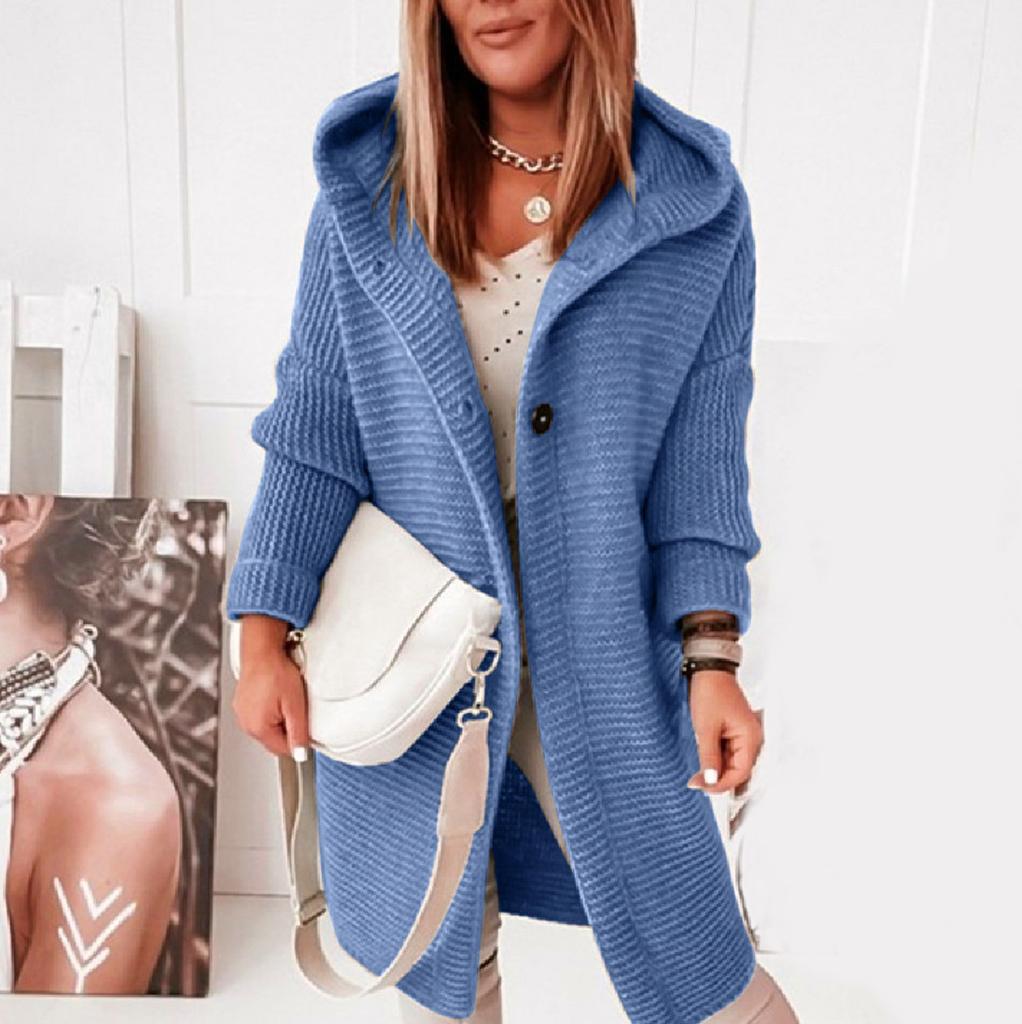Women's Hooded Knitted Cardigan Solid Color Long Sweater Coat Thickened Winter Warm