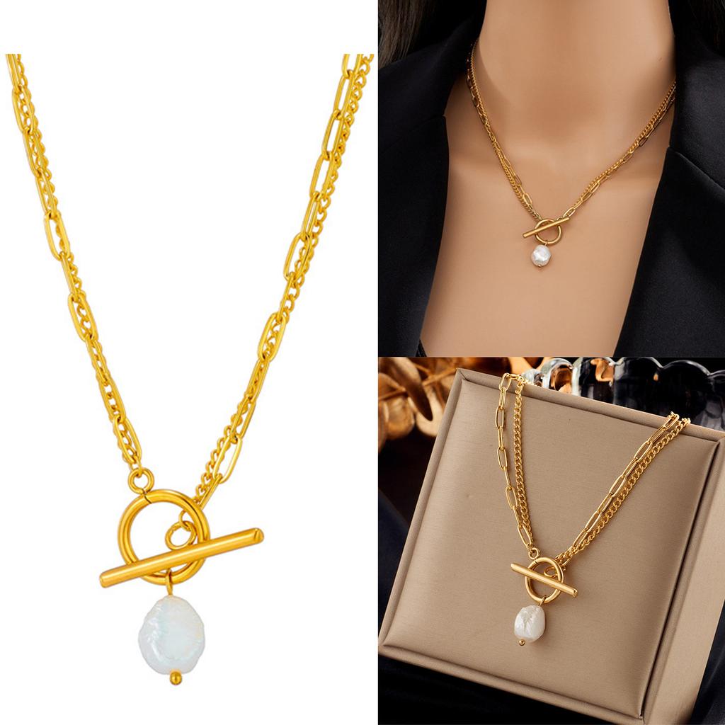Elegant Baroque Freshwater Pearl Pendant Necklace Double Chain Design Stainless Steel Jewelry Gift For Women