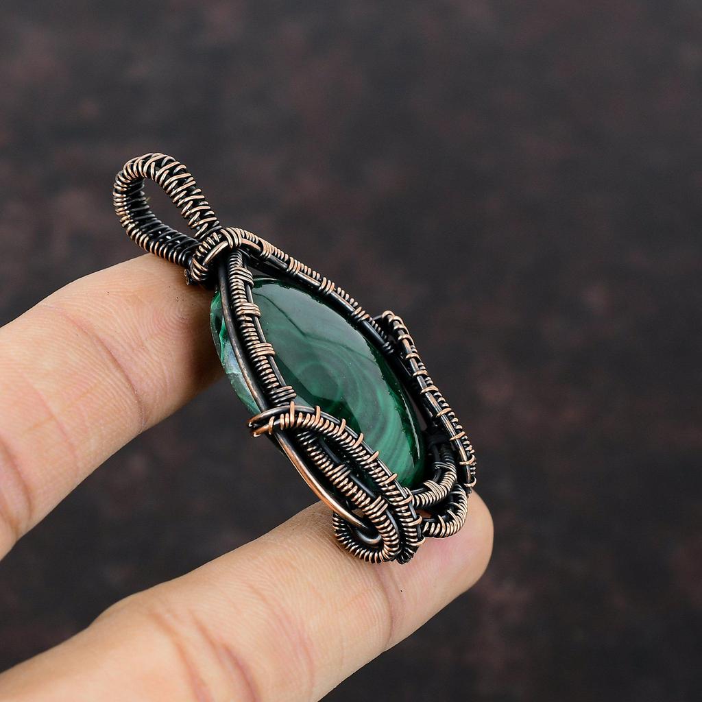 Малахитовый кулон, обернутый медной проволокой, высококачественный драгоценный камень, ювелирное изделие ручной работы, дизайнерский кулон, обернутый медной проволокой, ювелирное изделие в подарок для женщин