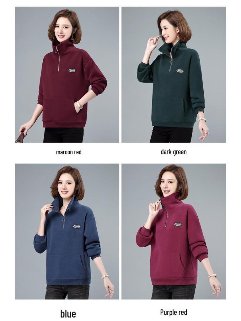 Женский утолщенный бархатный пуловер с застежкой-молнией на половину длины - модная свободная толстовка с воротником-стойкой на осень/зиму 2023 года