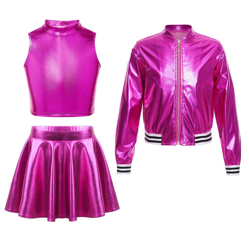 Kids Girls 3-Piece Dance Set Metallic Sleeveless Crop Top Skirt and Stand Collar Zipper Jacket