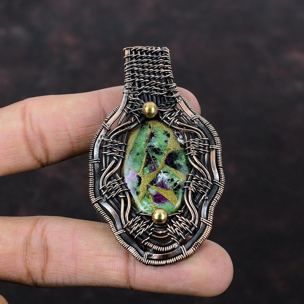 Медный рубиновый кулон с цоизитом, обернутый медной проволокой, кулон из меди ручной работы, чудесный драгоценный камень, кулон с рубиновым цоизитом, подарок для мамы