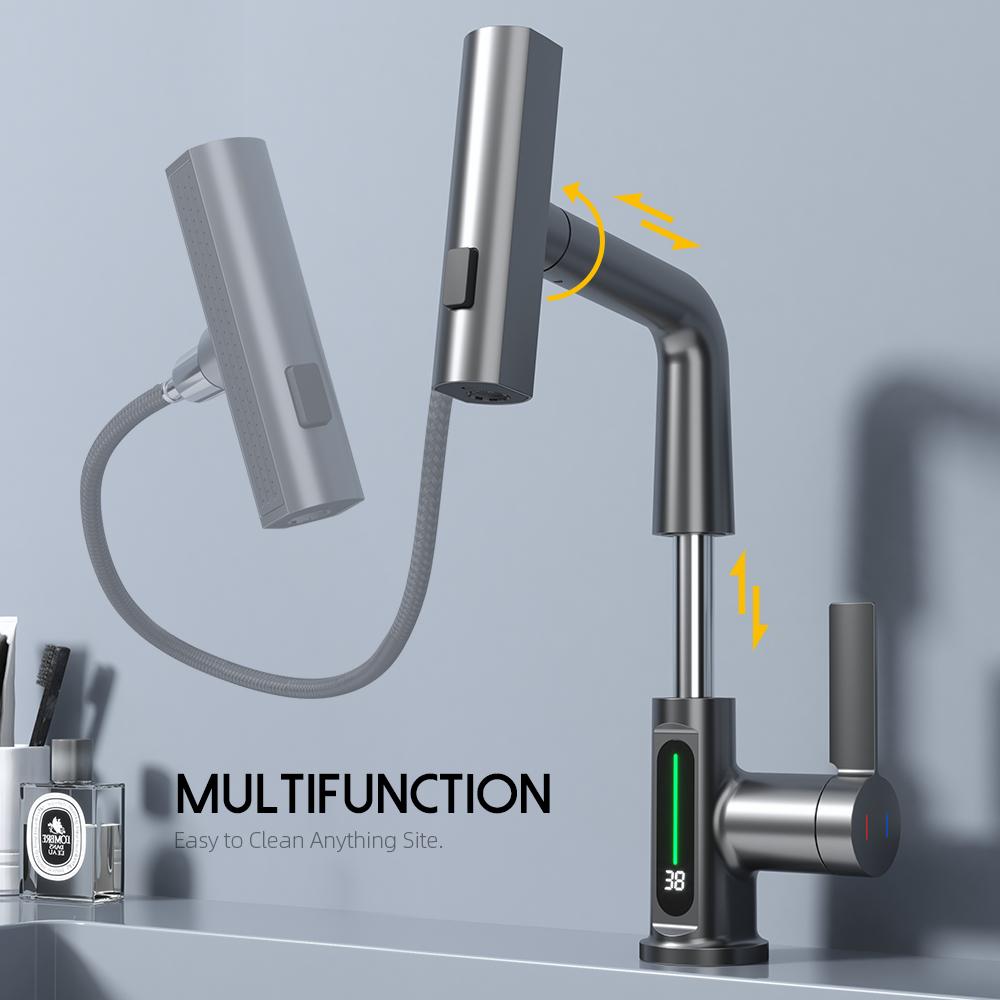 Цифровой дисплей кран матовый золотой кран для раковины горячий и холодный выдвижной смеситель водопад вода 3-ходовой кран для мойки монтируется на бортике