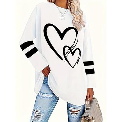 Женская футболка с длинным рукавом, с дизайном в виде сердечек и полосок, топ с круглым вырезом на все сезоны