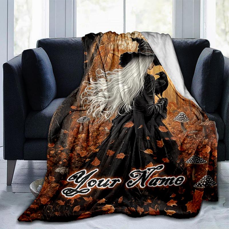 1PC Custom Name Witch autumn forest. flannel blanket versatile,all-season throw suitable for the living room,bedroom,camping,travel,and gift