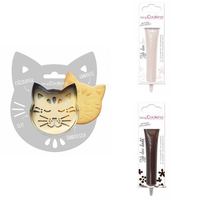 Cat Embossed Biscuit Kit + 2 White and Brown Chocolate Pens