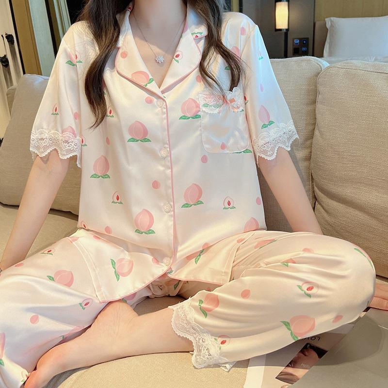 Ice Silk Pajamas Female Cute Wind Bear Summer High-End Cartoon Short-Sleeved Trousers Loungewear