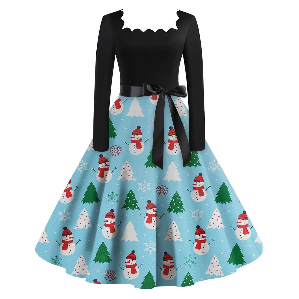 Women's Fashion Vintage Long Sleeve Square Neck Christmas Printed Evening Party Dresses Dresses
