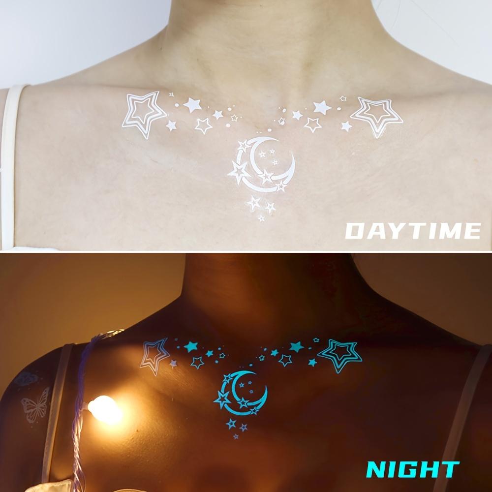 Синяя светящаяся луна и звезды татуировки наклейки для женщин белый дизайн поддельные браслет ожерелье татуировки для лица грудь руки палец татуировка хной