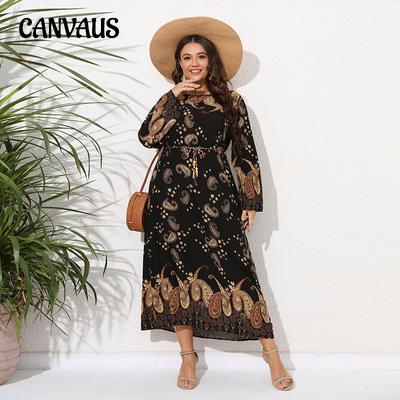 Весенне-осеннее женское платье. Платье больших размеров с длинными рукавами. Свободное и тонкое платье с принтом.