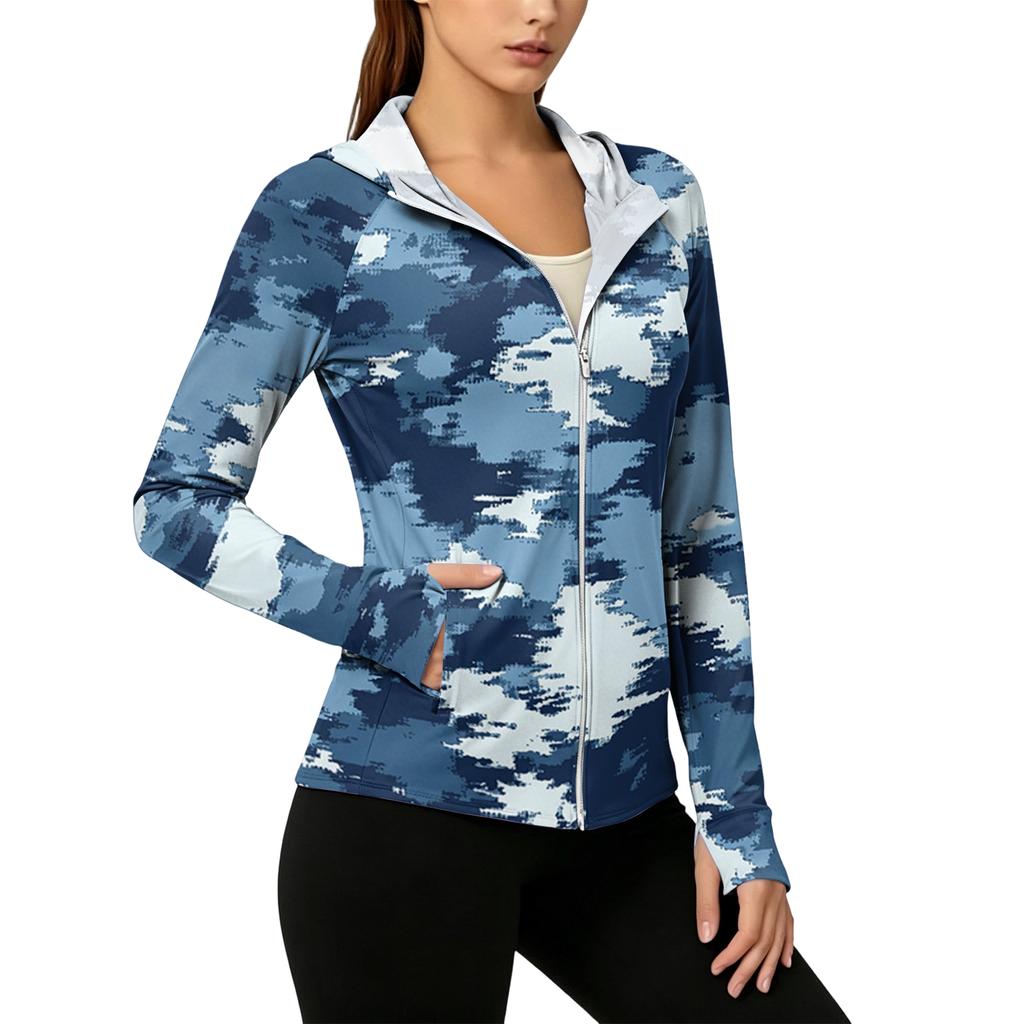 Women's Lightweight Zip Up Hoodie with Hood and Pockets Long Sleeve Camouflage Sun Protection Jacket for Outdoor Activities