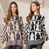Women Sweater Round Neck Long Sleeve Elastic Knitting Tops Loose Fit Ghost Pattern Plaid Decor Pullover Tops Knitwear