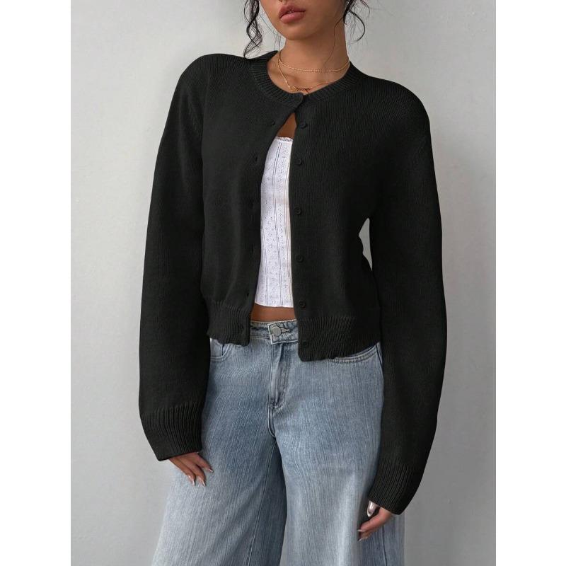 Кардиган свитер с круглым вырезом и длинными рукавами на пуговицах, повседневный простой вязаный женский жакет, однотонные свободные тонкие короткие пальто, осень-зима 2025