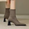 Krazing Pot Зимние эластичные ботинки из флока с квадратным носком на толстом высоком каблуке и молнии, женские ботильоны из натуральной кожи Stovepipe