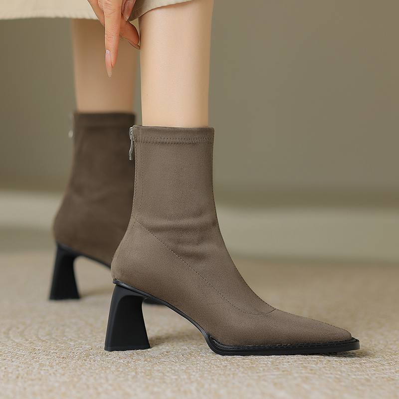 Krazing Pot Зимние эластичные ботинки из флока с квадратным носком на толстом высоком каблуке и молнии, женские ботильоны из натуральной кожи Stovepipe