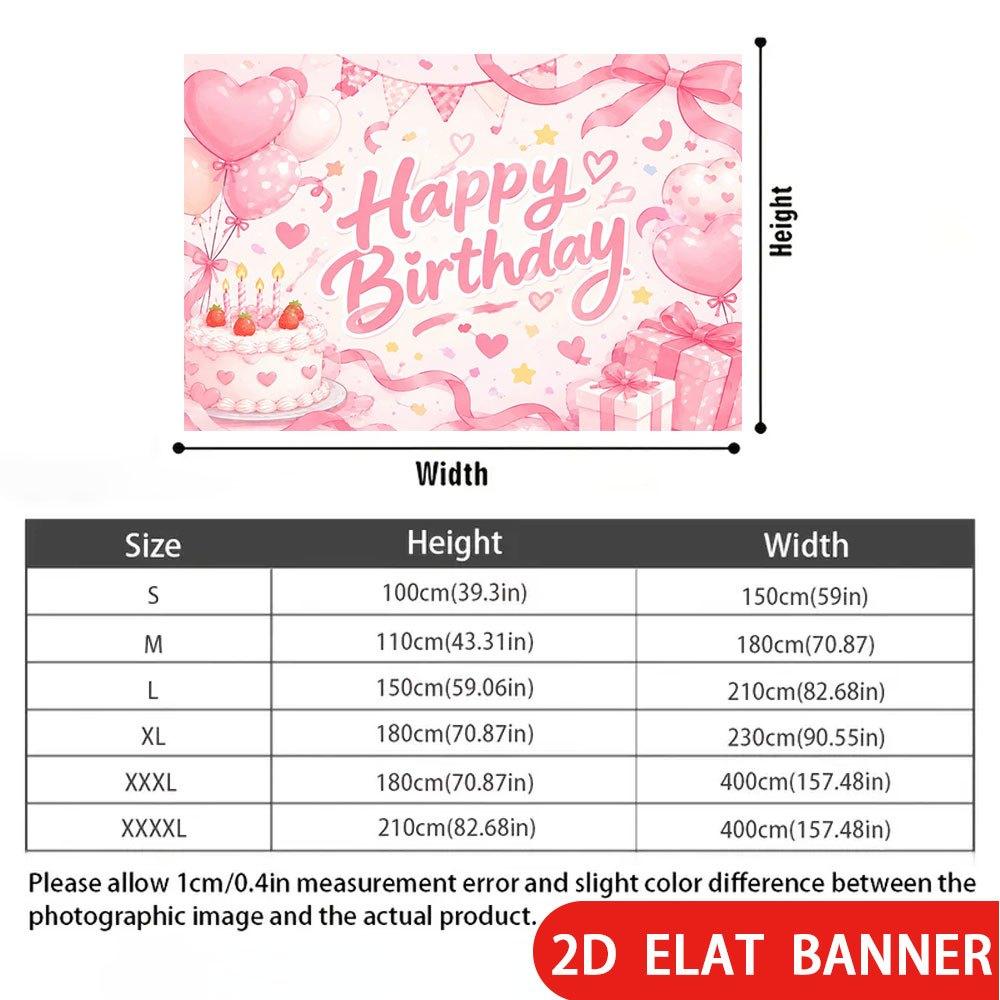 2D Flat Banner, Birthday Backdrop, Heart Balloons, Cream Cake, Gift Boxes, Ribbons