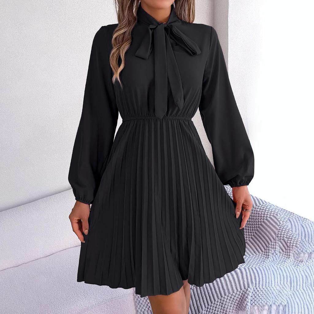 Женская осенне-зимняя плиссированная юбка с длинными рукавами и завязками на талии.