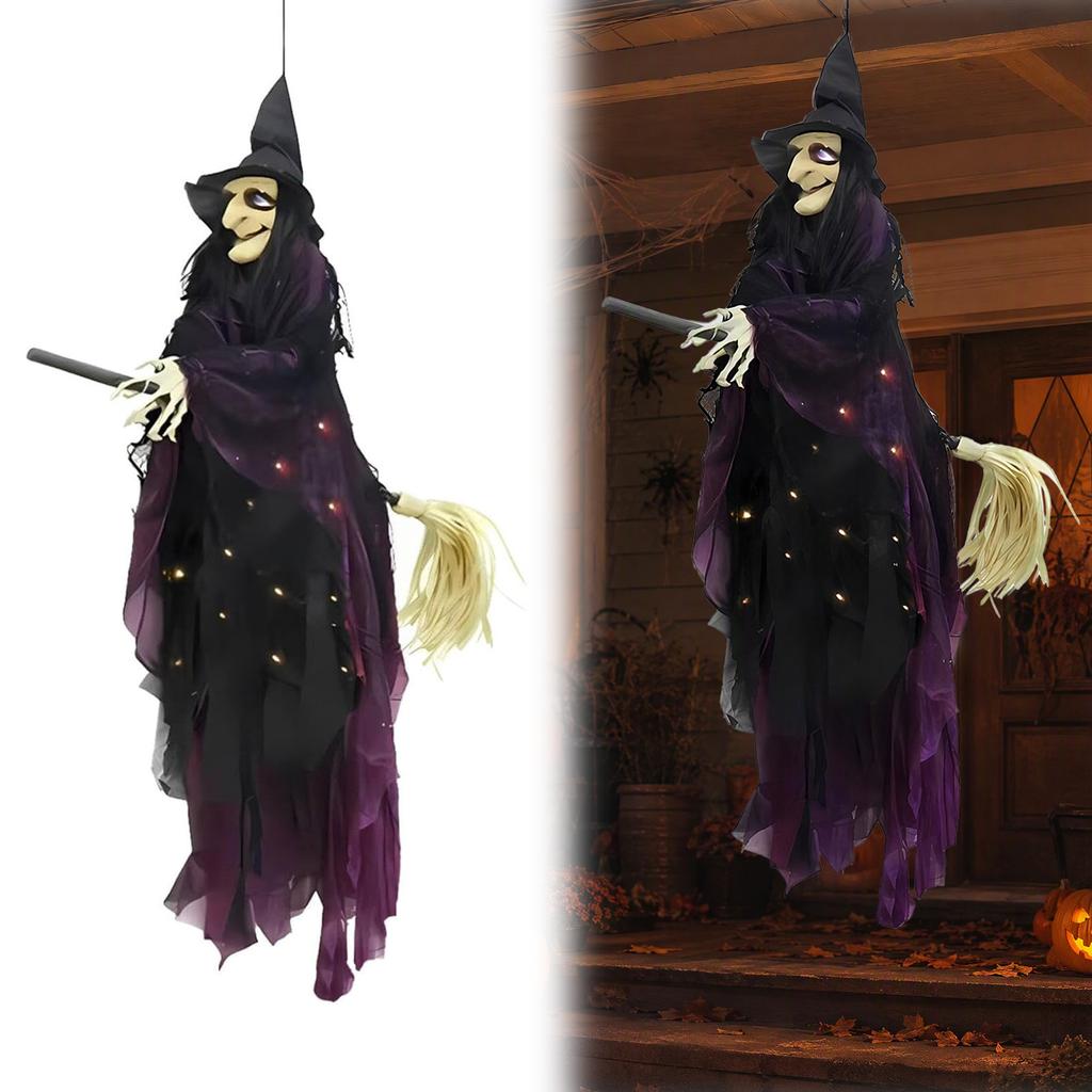 Halloween Hanging Witch Broom Rider Light Up Witch Sound Activated Glowing Eyes Motion Sensor Yard Decor