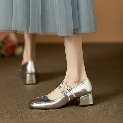 Винтажные туфли-лодочки на высоком каблуке для женщин, массивные серебристые туфли-одинарки, новинка 2025, весенние, с квадратным носком, Мэри Джейн, женские туфли Мэри Джейн с пряжкой