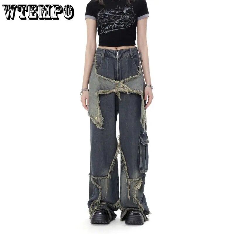 WTEMPO Винтажные женские джинсы с высокой талией, уличная одежда, рваные женские широкие брюки, повседневные прямые джинсовые брюки в американском стиле с кисточками