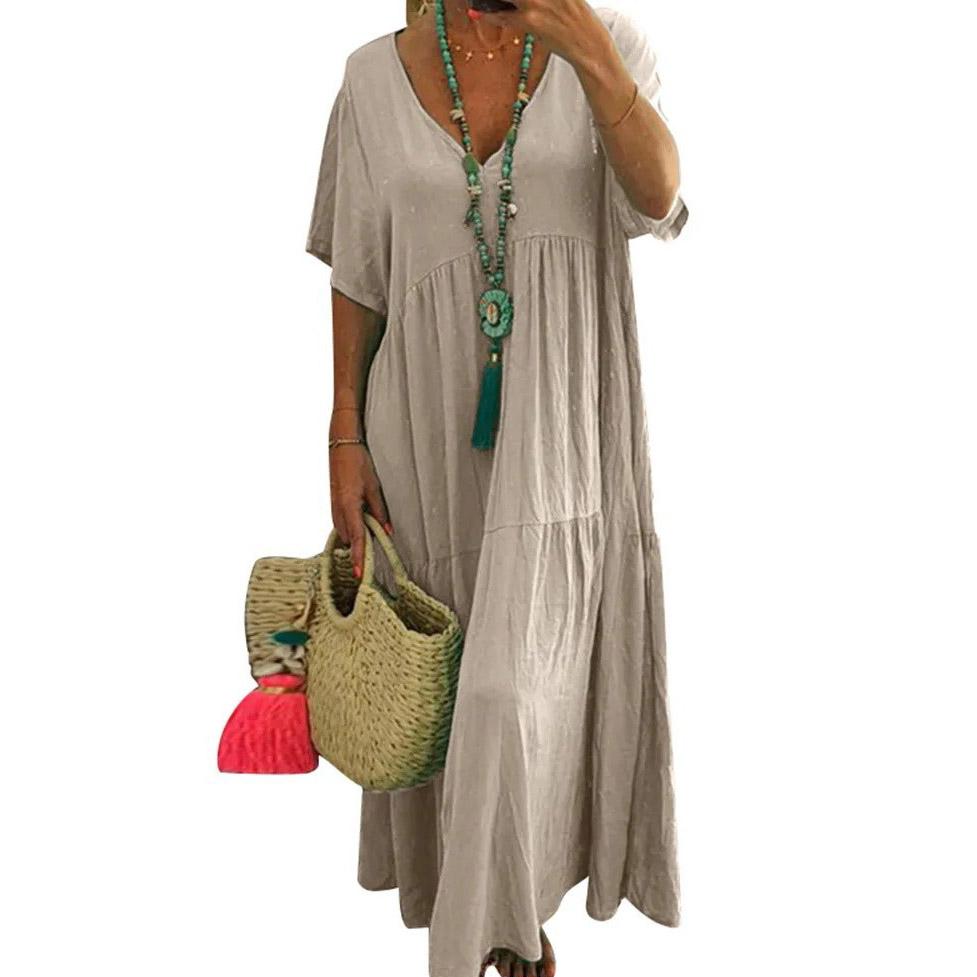 Женское летнее хлопково-льняное платье макси, однотонное, с коротким рукавом, с V-образным вырезом, свободные длинные платья больших размеров