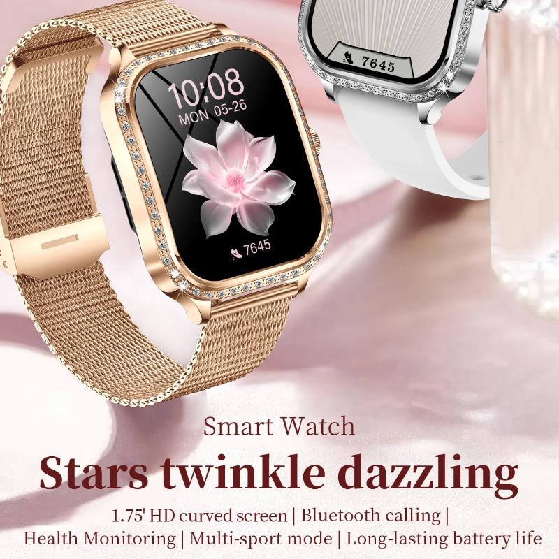 Fashion New Women Smart Watch AMOLED Curved Screen IP68 Waterproof Voice Bluetooth Call Heart Rate Blood Pressure Monitor Health Smartwatch