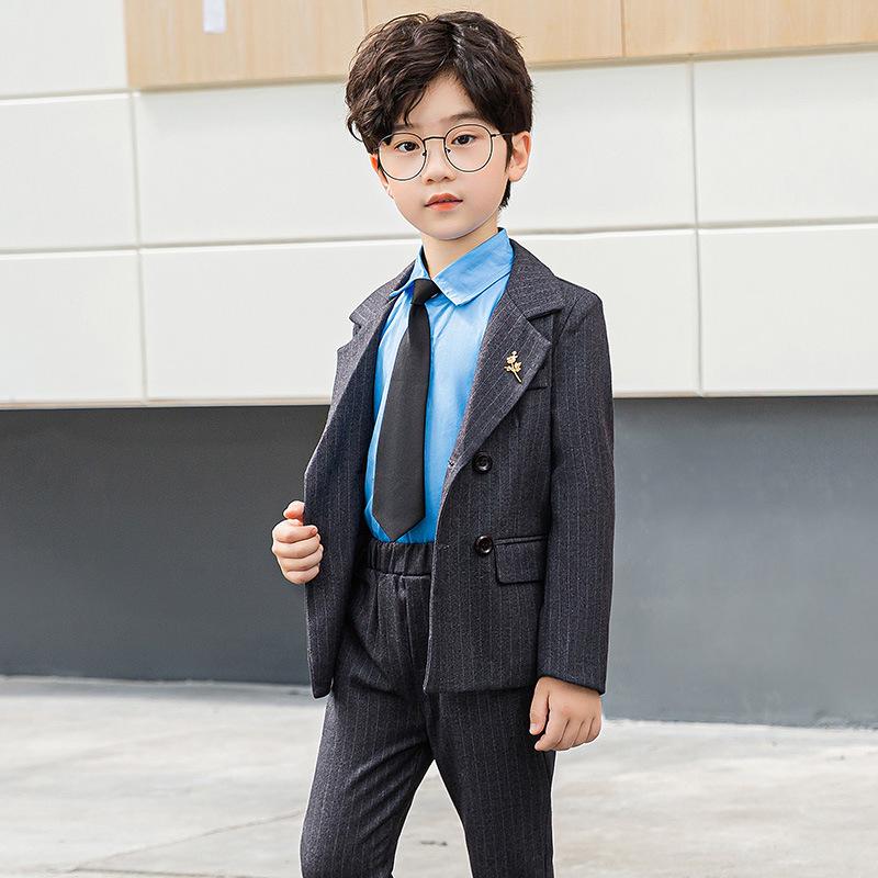 British Style Double-Breasted Boys' Three-Piece Striped Suit Set for Spring and Autumn