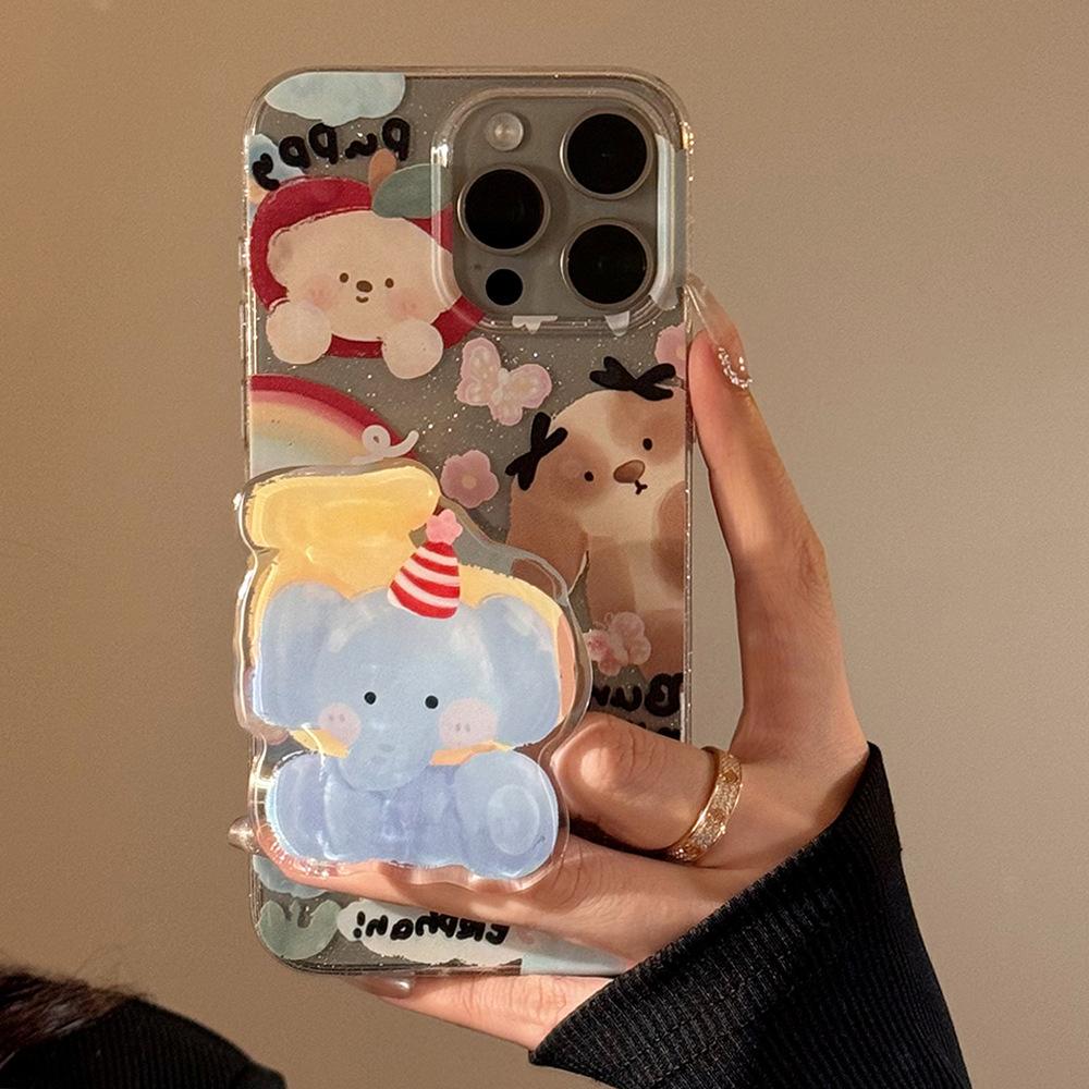 Cartoon Doodle Elephant Stand Apple 16 Mobile Phone Case 14 Glitter Powder Iphone15promax Suitable for 11 Original 12