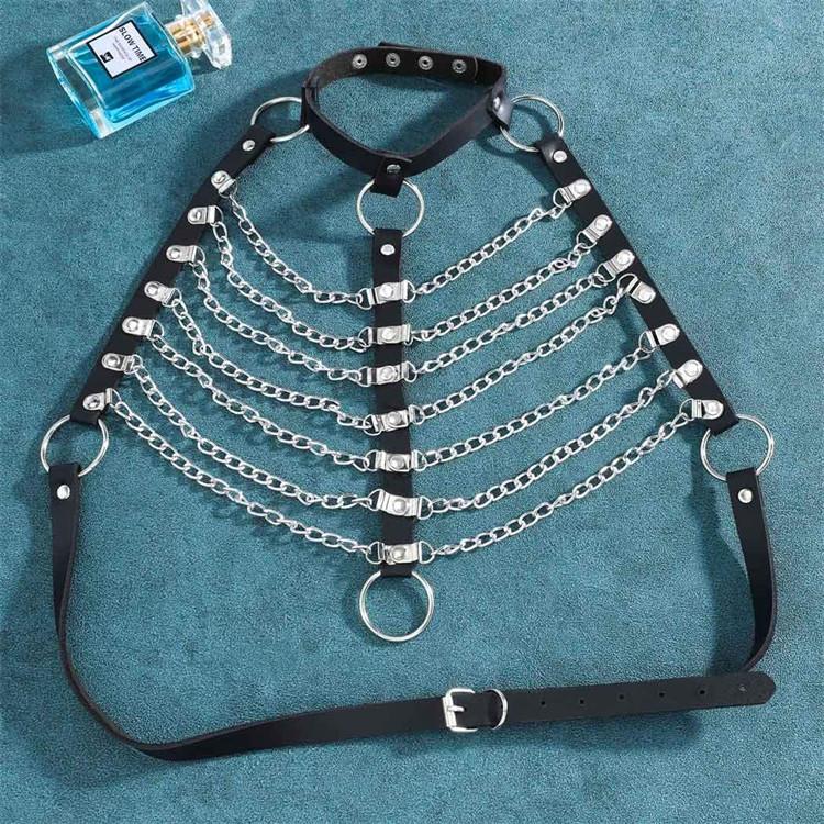 Punk Layered Body Chain Black Leather Bra Caged Harness Choker Bra Chains for Night Club Gothic Top