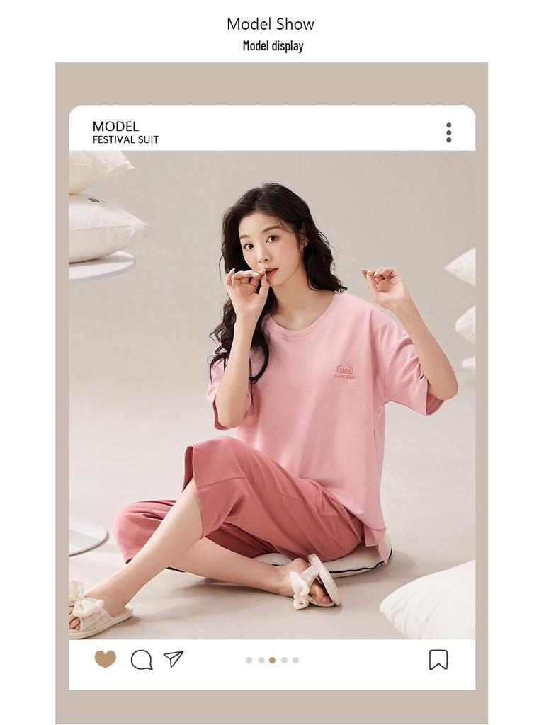 Женский летний капри-пижамный комплект 2025: Тонкий хлопок с коротким рукавом и нагрудными вкладышами, универсальный для ношения дома или на улице