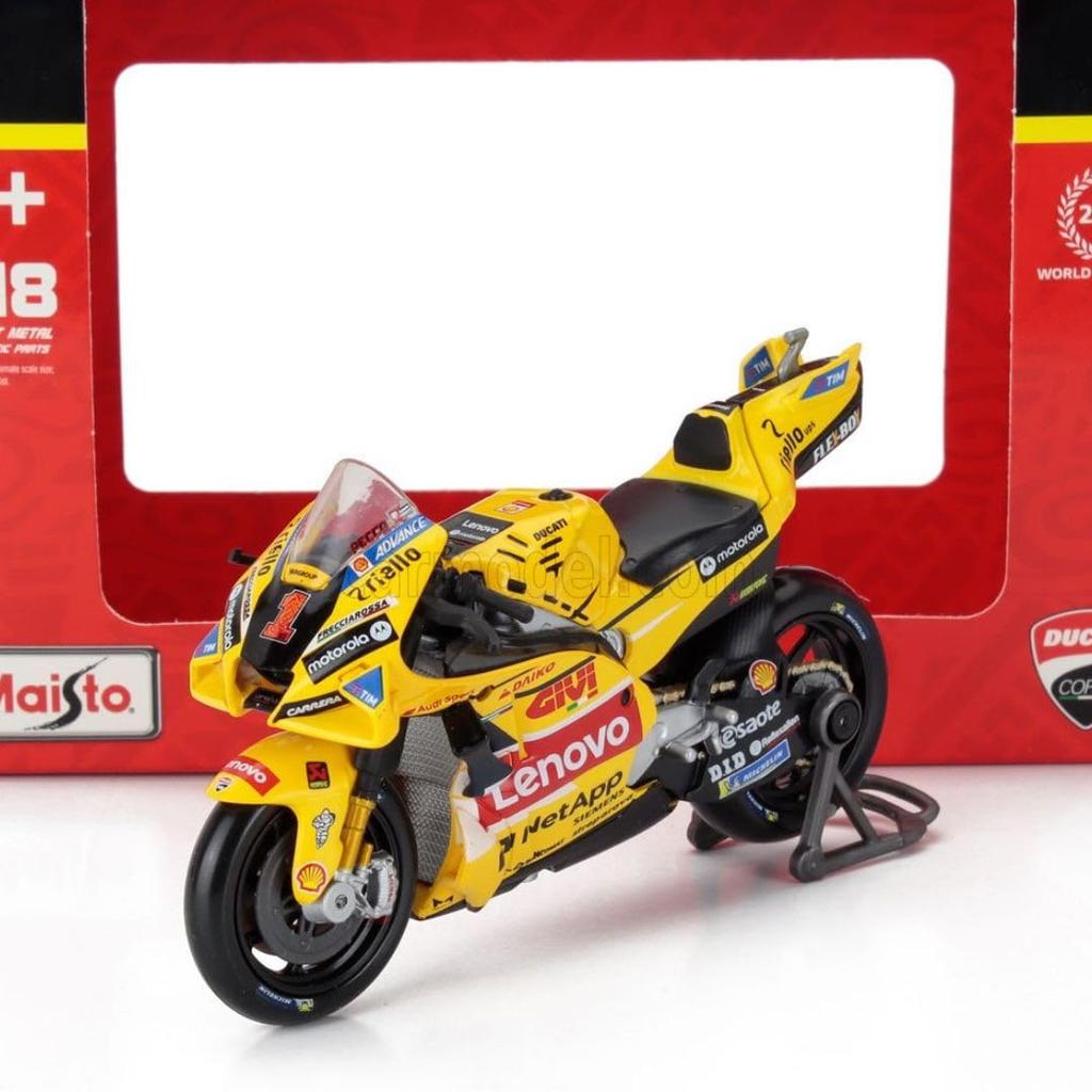 Maisto 1/18 Scale Diecast Model Car 23093: 2023 Ducati Lenovo Racing Ducati Desmosedici #1, Francesco Bagnaia, Misano GP Yellow