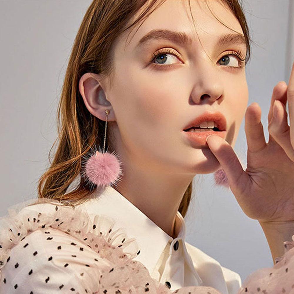 Statement Mink Fur Ball Plush Korean Brincos Fashion Jewelry Long Drop Earrings Dangle Earrings