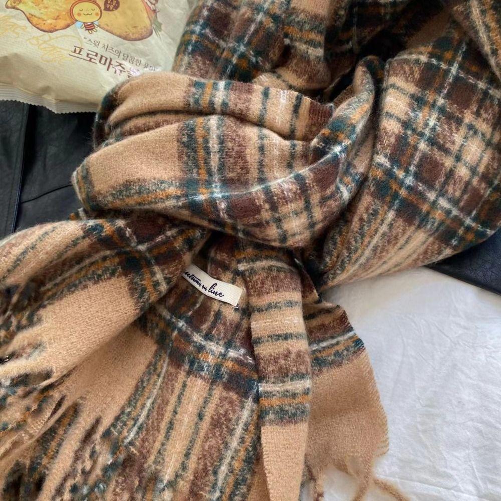 Plush Winter Cashmere Scarves Tassel Long Shawl Windproof Plaid Wool Scarf Girl