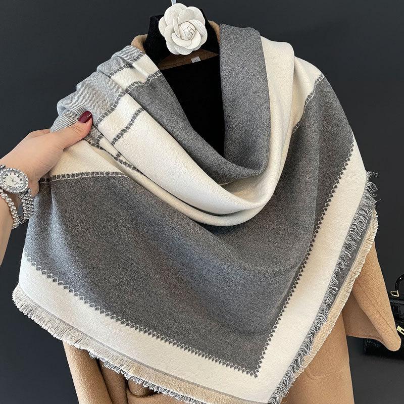 Autumn and Winter New Geometric Jacquard Square Scarf Women's Double-sided Imitation Cashmere Large Shawl Light Luxury High Sense Thickened Warm Scarf