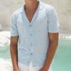 Мужская жаккардовая трикотажная рубашка с коротким рукавом, застегивающаяся на пуговицы, с кубинским воротником, узором в виде ромба, повседневная рубашка для повседневной носки, вечеринок, путешествий