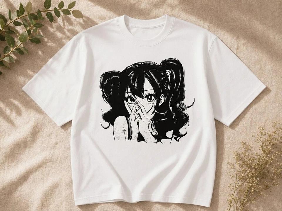 Футболка с рисунком аниме-девушки со стесняющимся лицом Kawaii Manga Graphic Tee 2