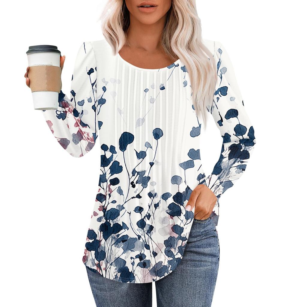 Рубашки с длинным рукавом для женщин, топы, нарядные повседневные блузки, плиссированные топы-туники с круглым вырезом