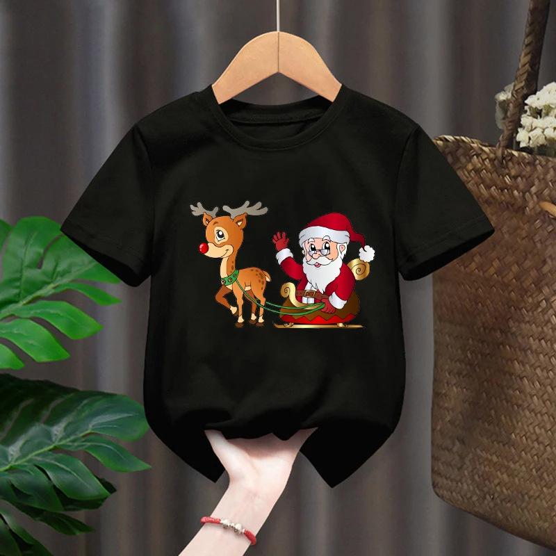 Повседневный мультяшный топ-футболка для мальчиков и девочек, рождественский Санта-Клаус, олень, с коротким рукавом, детская одежда, круглый вырез