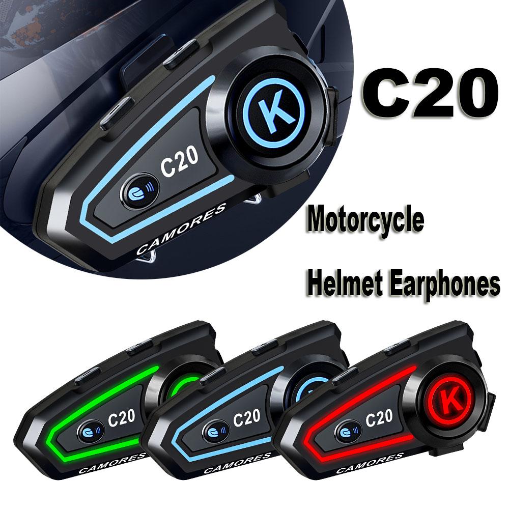 C20 Мотоциклетная беспроводная гарнитура для шлема стерео Bluetooth Hands Free наушники IPX6 водонепроницаемые 1000 мАч с подсветкой