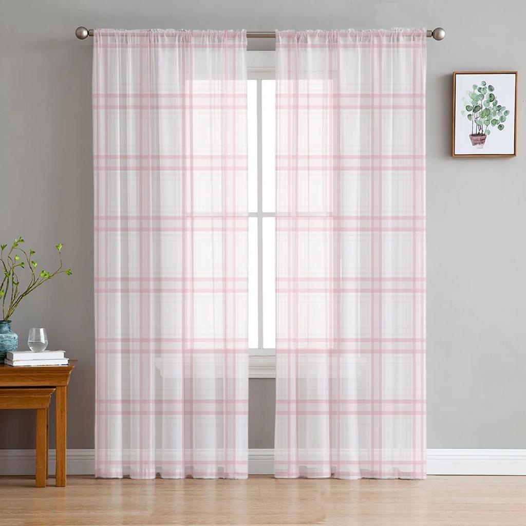 Black Grey Plaid Tulle Curtains For Living Room Bedroom Modern Chiffon Sheer Kitchen Curtains