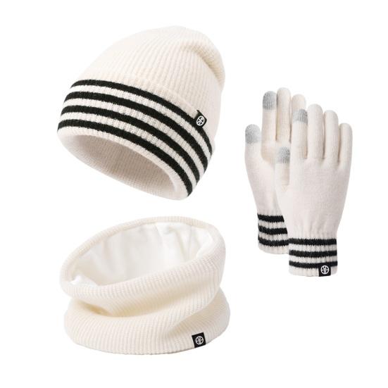 3Pcs/Set Winter Hat Scarf Gloves Set Striped Print Thickened Velvet