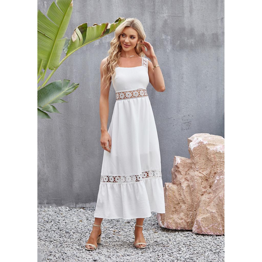 Женское весенне-летнее модное однотонное пляжное праздничное платье без рукавов с квадратным вырезом и бретельками из полого кружева