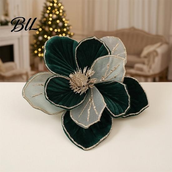 Holiday Tree Decorations Christmas Glitter Magnolia Flower, Velvet Artificial Flower Pick for Xmas Embellishments and Vase, Faux Stem Ornament