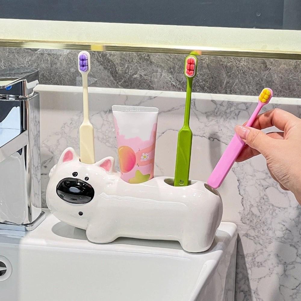 Ceramic Dog Shaped Toothbrush Holder 4 Slots Toothbrush Storage Rack Washbasin Organizer